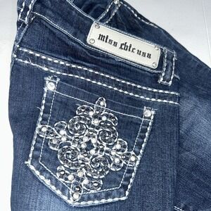Miss Chic Womens Sz 7 Bootcut Jeans  Dark Wash Embroidered Western Bling Stretch